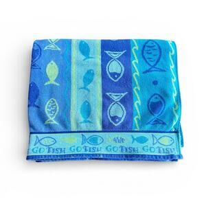 Vintage Cecil Saydah Beach Towel Go Fish Blue Green Cotton Retro Whimsical 34x63